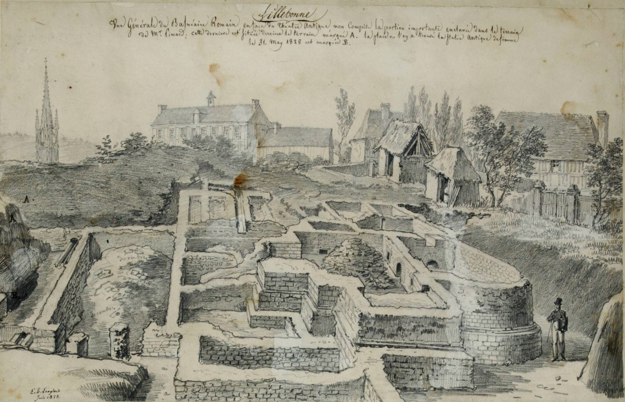 Dessin des vestiges de la rue des Bains, réalisé en 1828 par Eustache-Hyacinthe Langlois (AD 76,Albums de la Commission départementale des Antiquités de la Seine-Inférieure,6Fi003046).
