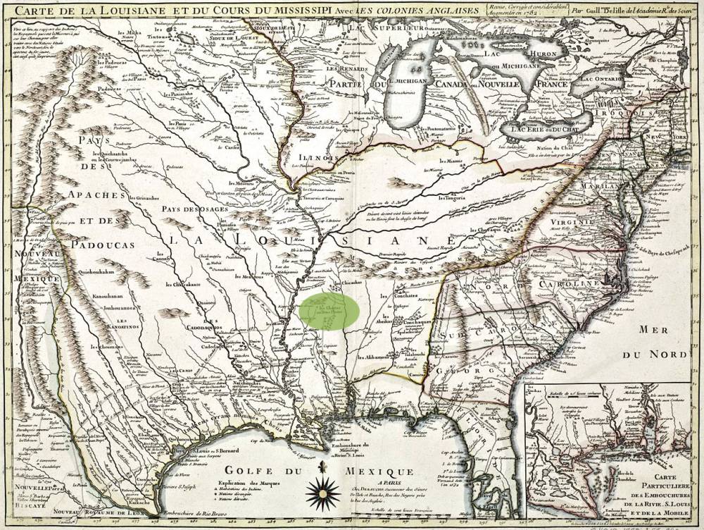 Carte de la Louisiane et du cours du Mississipi, avec les colonies anglaises, réalisée en 1782. Philippe Buache (1700-1773) - Guillaume Delisle ou de L'Isle (1675-1726) – en vert, le territoire des Chactas (Chattas).
